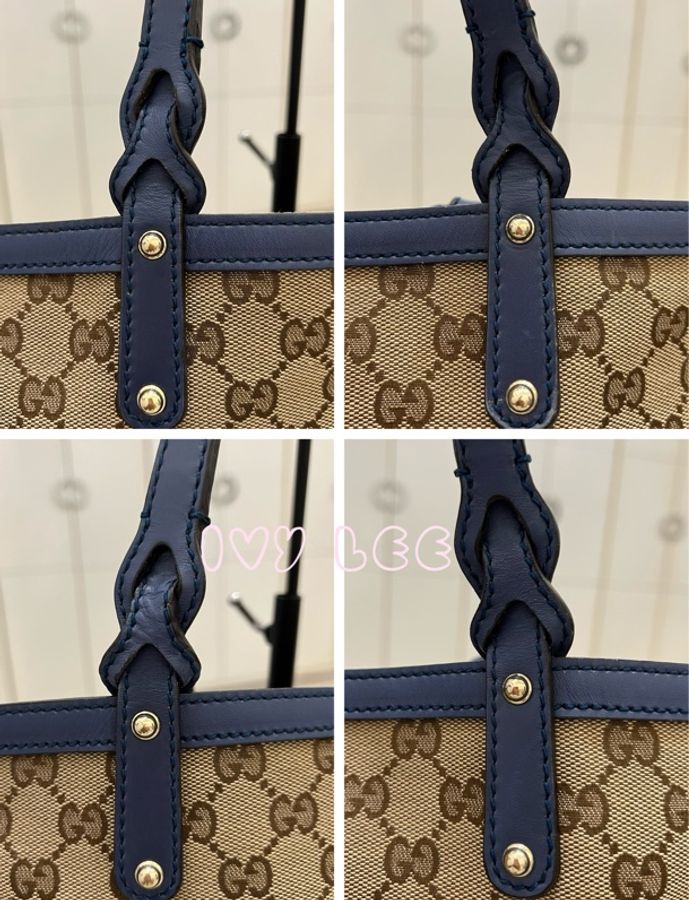 GUCCI 247209 Graft系列經典雙G緹花橫式托特包 附皮革萬用袋 子母包 藍色邊 二手精品-9