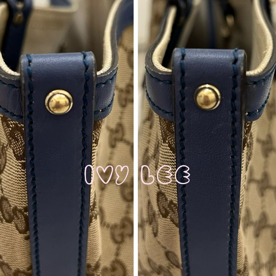 GUCCI 247209 Graft系列經典雙G緹花橫式托特包 附皮革萬用袋 子母包 藍色邊 二手精品-17
