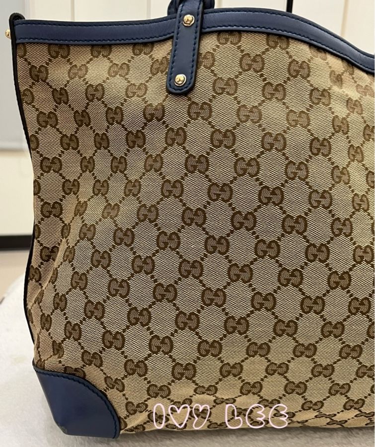 GUCCI 247209 Graft系列經典雙G緹花橫式托特包 附皮革萬用袋 子母包 藍色邊 二手精品-26