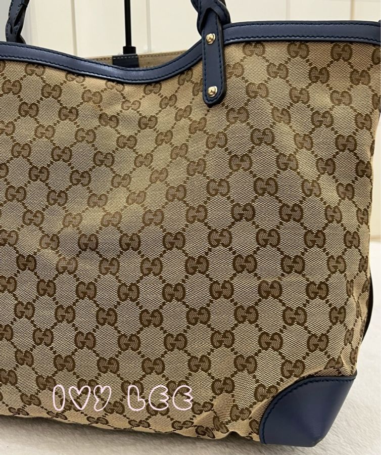 GUCCI 247209 Graft系列經典雙G緹花橫式托特包 附皮革萬用袋 子母包 藍色邊 二手精品-29