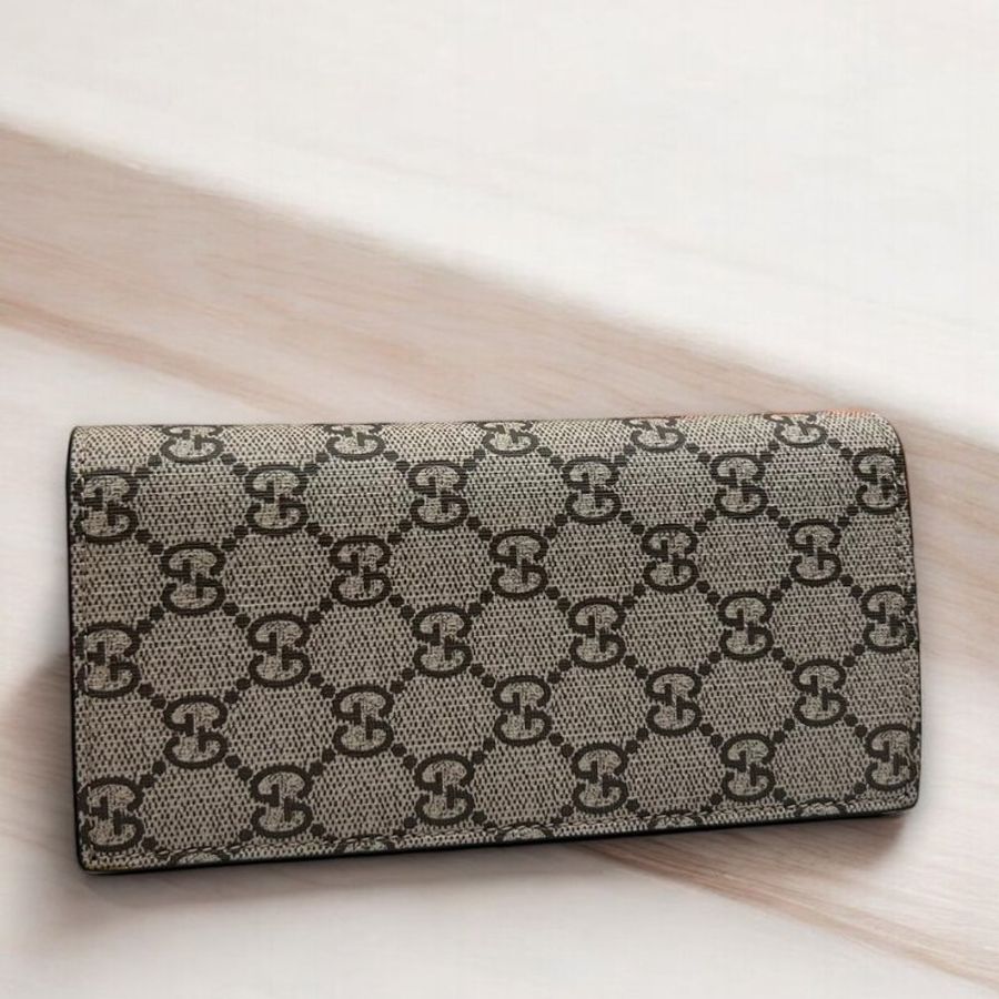 GUCCI PVC珊瑚蛇滿版咖LOGO對開長夾-1