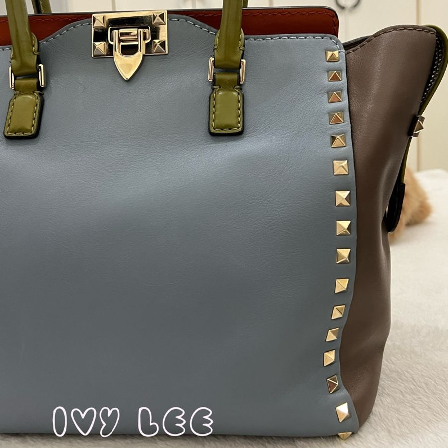 VALENTINO AUTH ROCKSTUD GARAVANI 皮革托特包 肩背 手提 斜背 拼色 二手精品-24