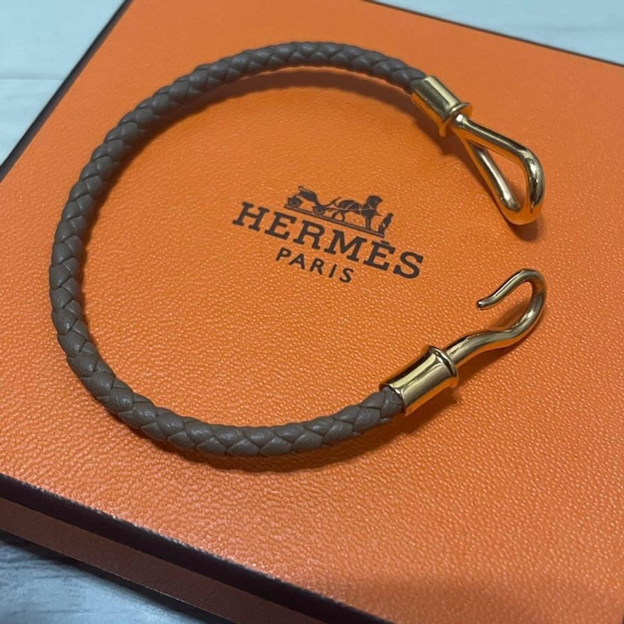 Hermes 皮革編織大象灰玫瑰金手環-1