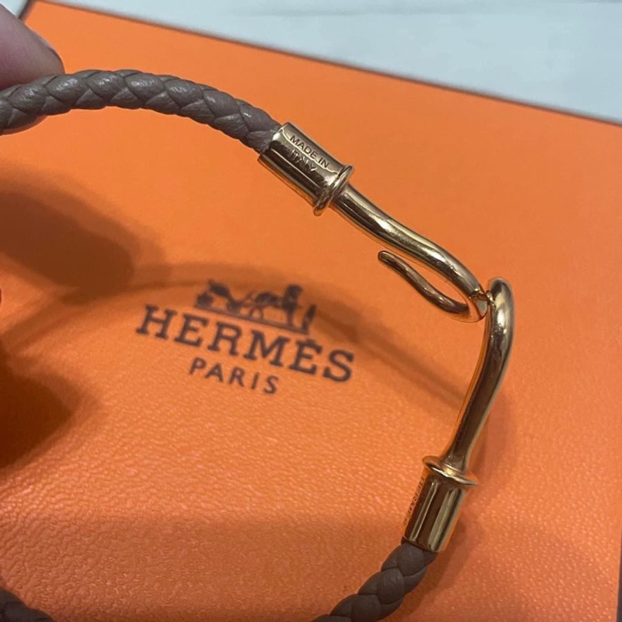 Hermes 皮革編織大象灰玫瑰金手環-2