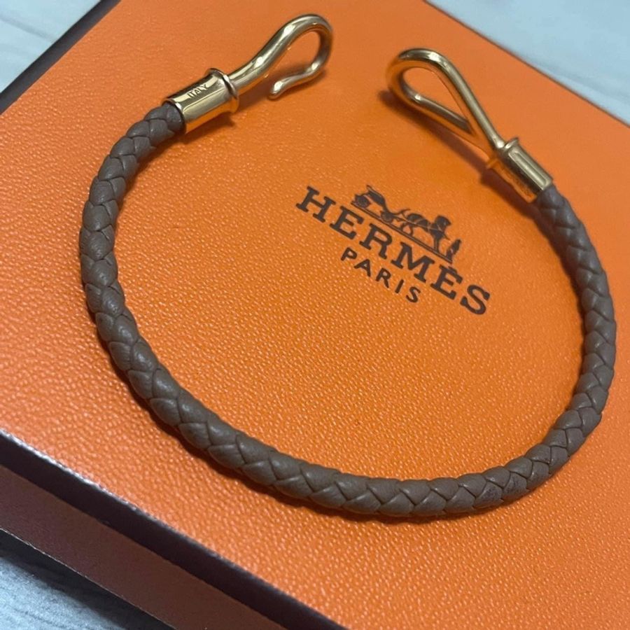Hermes 皮革編織大象灰玫瑰金手環-4