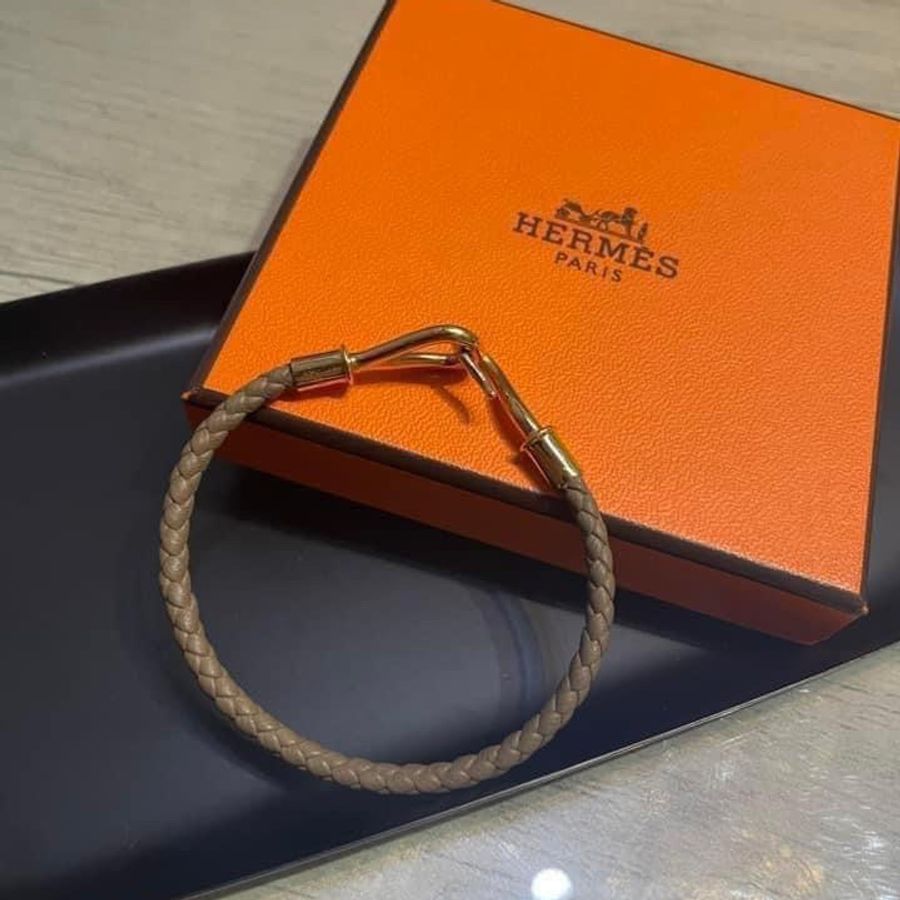 Hermes 皮革編織大象灰玫瑰金手環-5