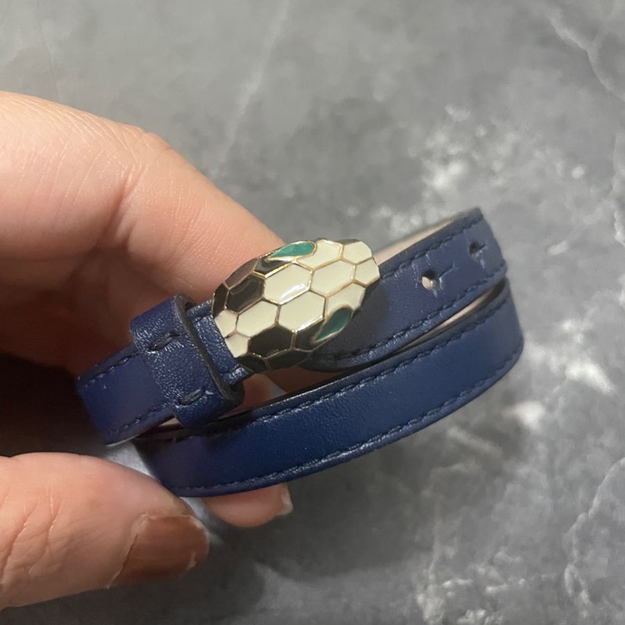 BVLGARI 近新雙環深藍色皮革蛇頭手環-0