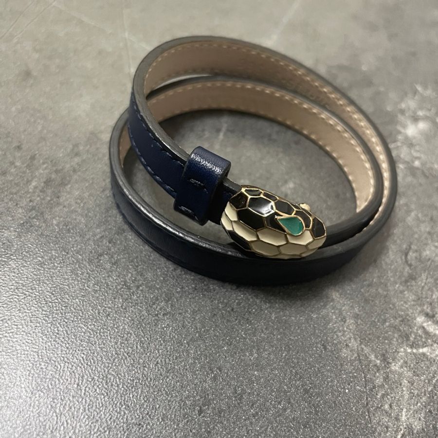 BVLGARI 近新雙環深藍色皮革蛇頭手環-1