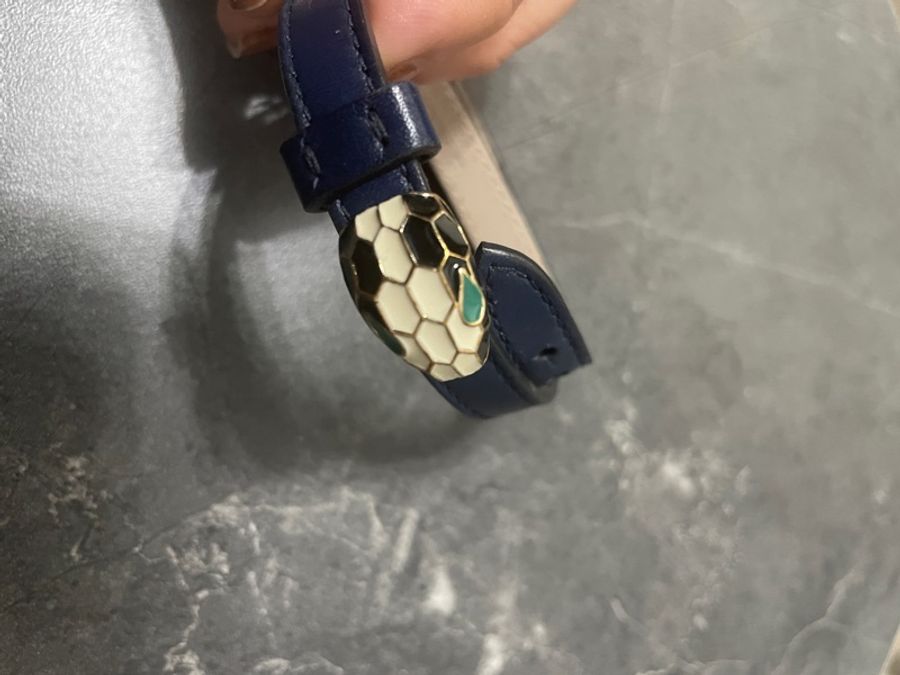 BVLGARI 近新雙環深藍色皮革蛇頭手環-5