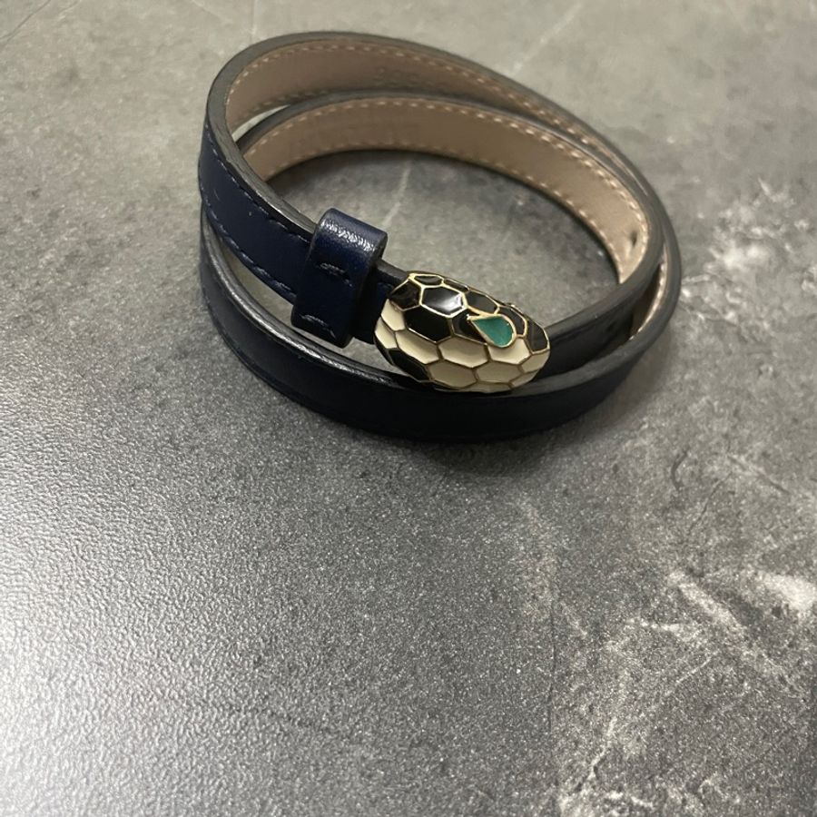 BVLGARI 近新雙環深藍色皮革蛇頭手環-6