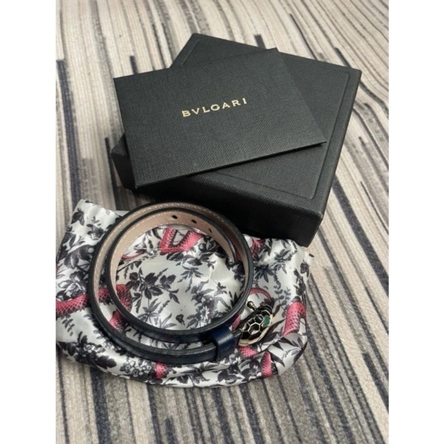 BVLGARI 近新雙環深藍色皮革蛇頭手環-7