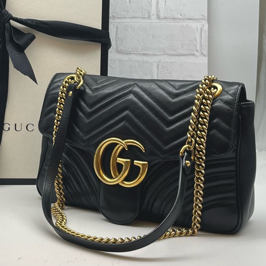 GUCCI 古馳 黑色皮革MARMONT GG 肩背包 可側背斜背 雙金鍊 時尚精品 附原廠盒子-0