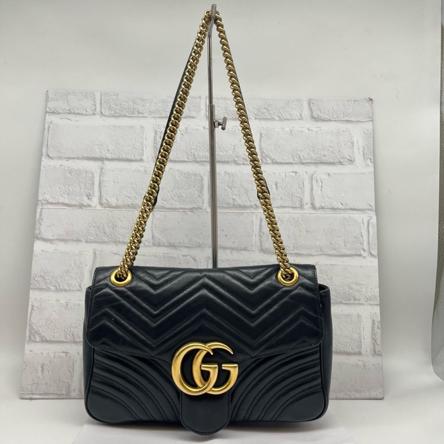 GUCCI 古馳 黑色皮革MARMONT GG 肩背包 可側背斜背 雙金鍊 時尚精品 附原廠盒子-2
