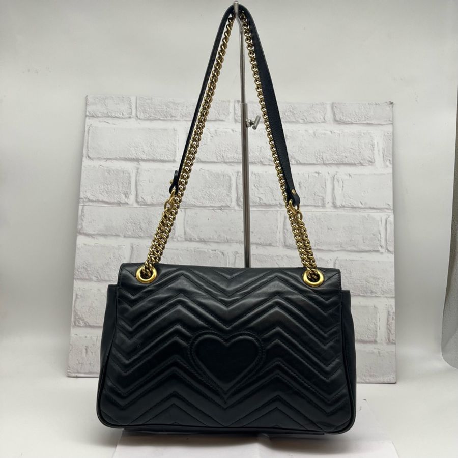 GUCCI 古馳 黑色皮革MARMONT GG 肩背包 可側背斜背 雙金鍊 時尚精品 附原廠盒子-3