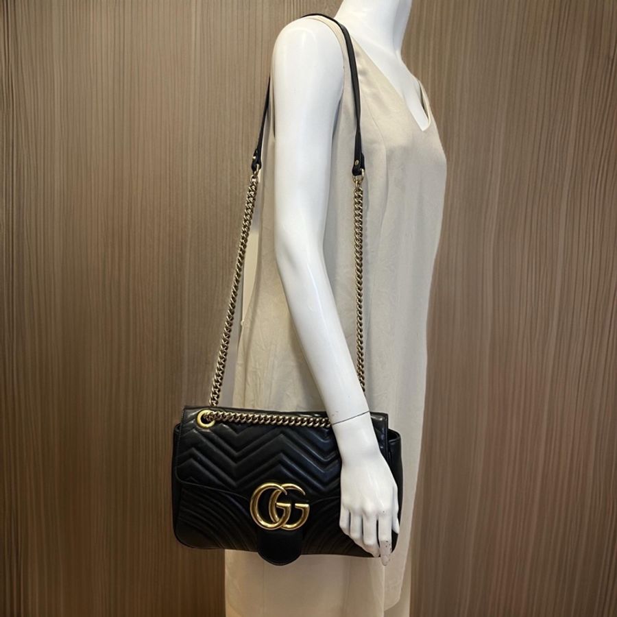 GUCCI 古馳 黑色皮革MARMONT GG 肩背包 可側背斜背 雙金鍊 時尚精品 附原廠盒子-6