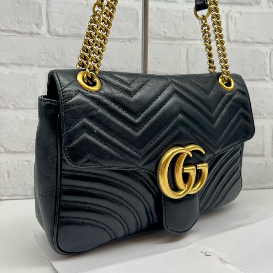 GUCCI 古馳 黑色皮革MARMONT GG 肩背包 可側背斜背 雙金鍊 時尚精品 附原廠盒子-10