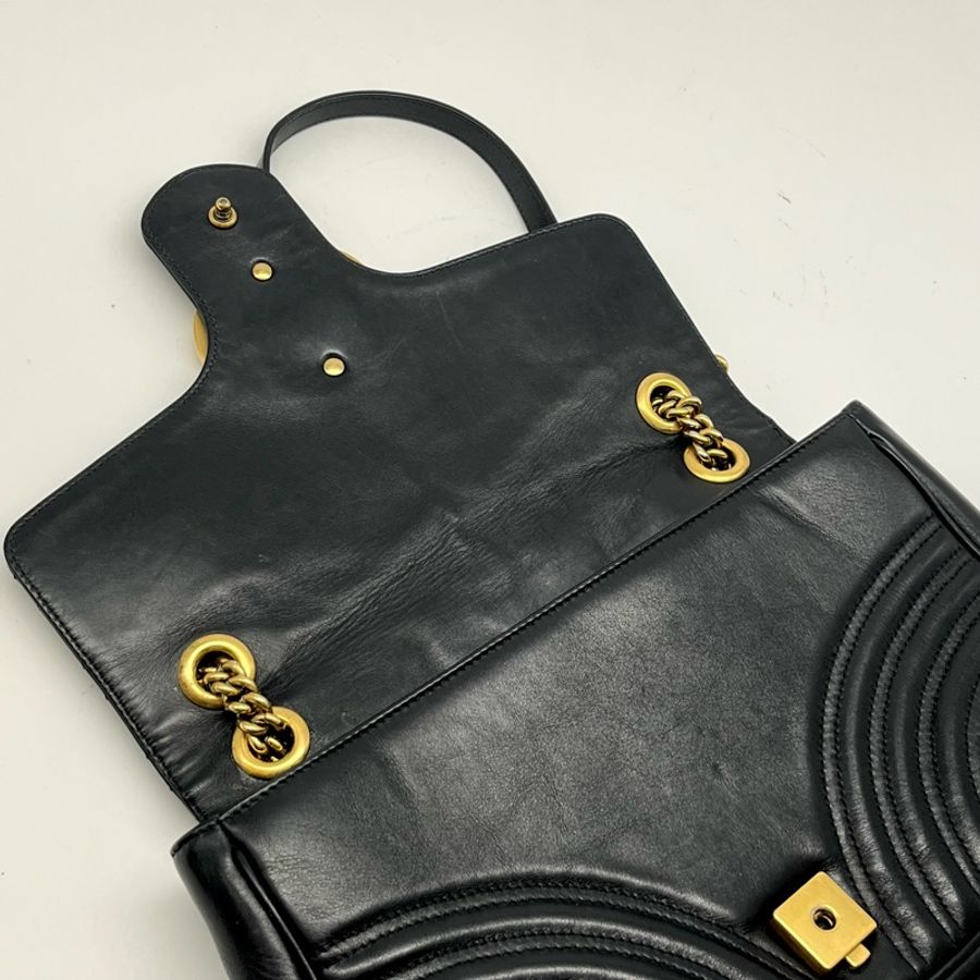 GUCCI 古馳 黑色皮革MARMONT GG 肩背包 可側背斜背 雙金鍊 時尚精品 附原廠盒子-27