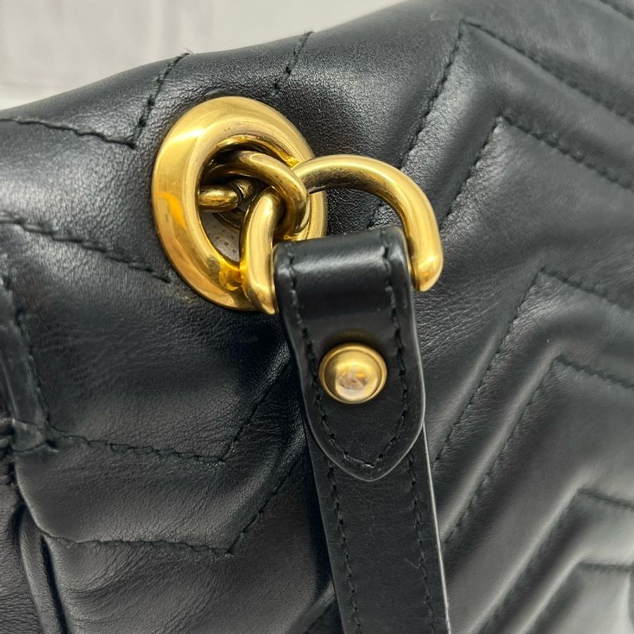 GUCCI 古馳 黑色皮革MARMONT GG 肩背包 可側背斜背 雙金鍊 時尚精品 附原廠盒子-30