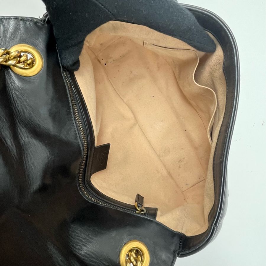 GUCCI 古馳 黑色皮革MARMONT GG 肩背包 可側背斜背 雙金鍊 時尚精品 附原廠盒子-36