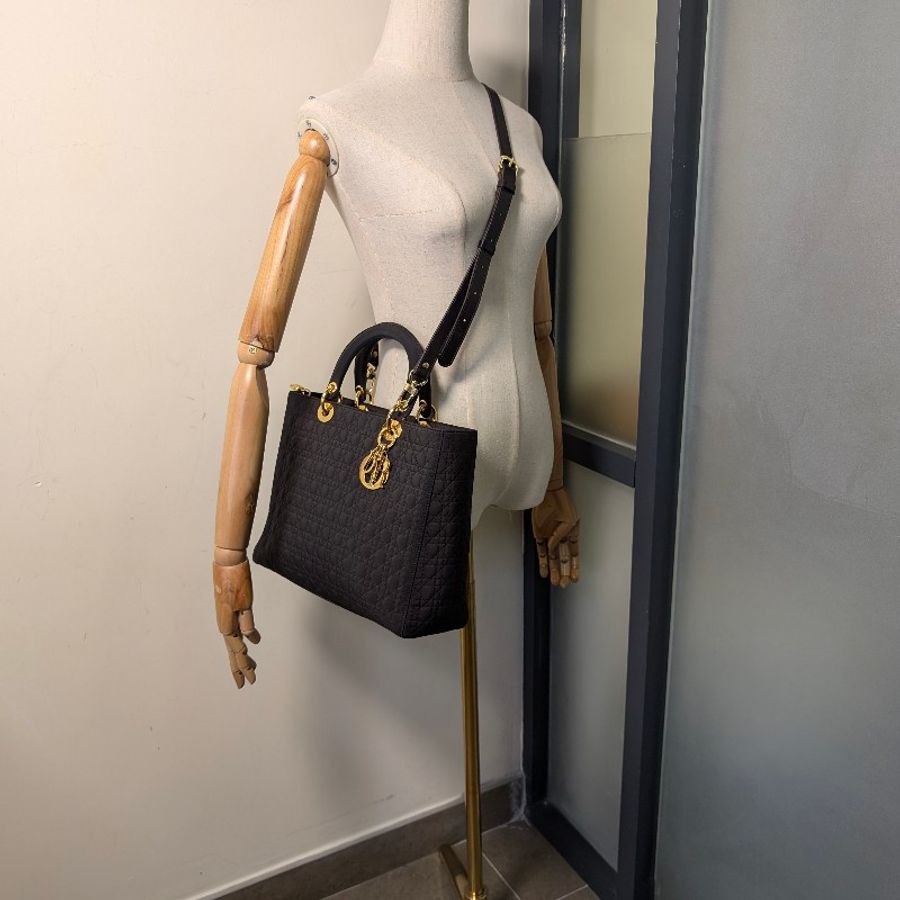 中古Vintage Lady Dior深棕色手提布面托特包-4