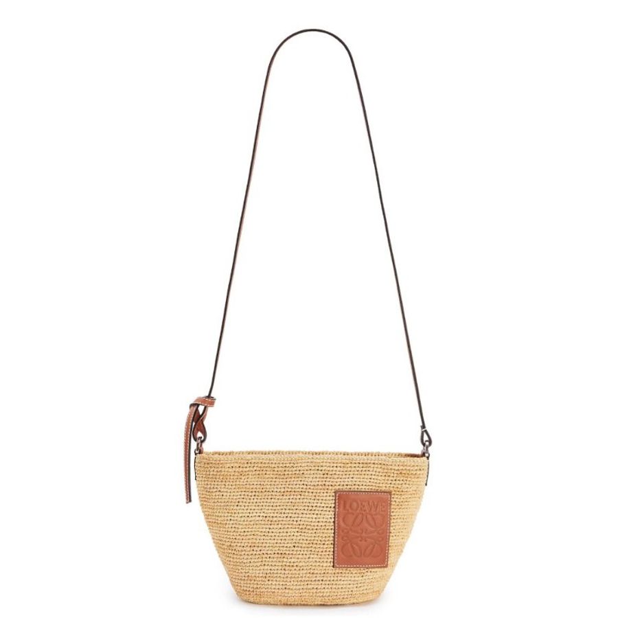 【LOEWE 羅威】Slit Pochette 酒椰纖維 緹花拼小牛皮 拉鍊 肩背包 水桶包 草編包 原色 棕褐色-0