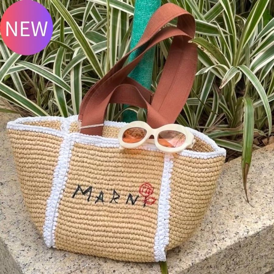 Marni 小款花邊 Sillo 仿草編編織購物包 自然色《2024季度★全新商品 》-0