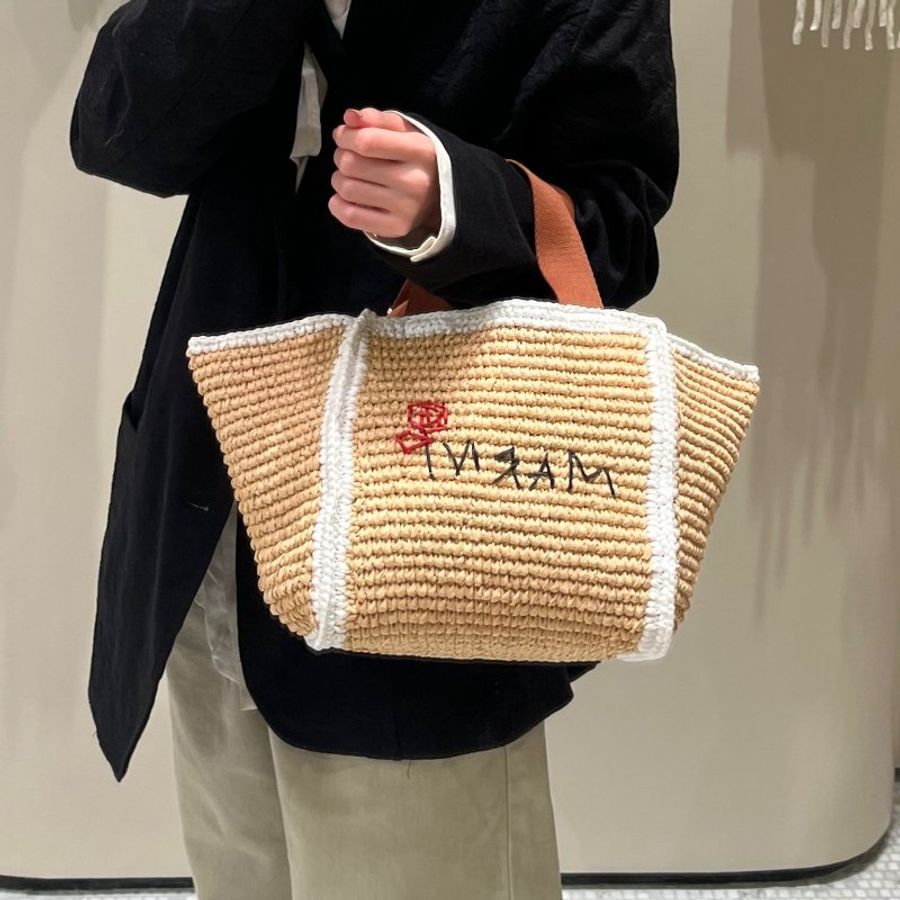 Marni 小款花邊 Sillo 仿草編編織購物包 自然色《2024季度★全新商品 》-1