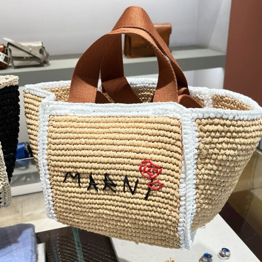 Marni 小款花邊 Sillo 仿草編編織購物包 自然色《2024季度★全新商品 》-2