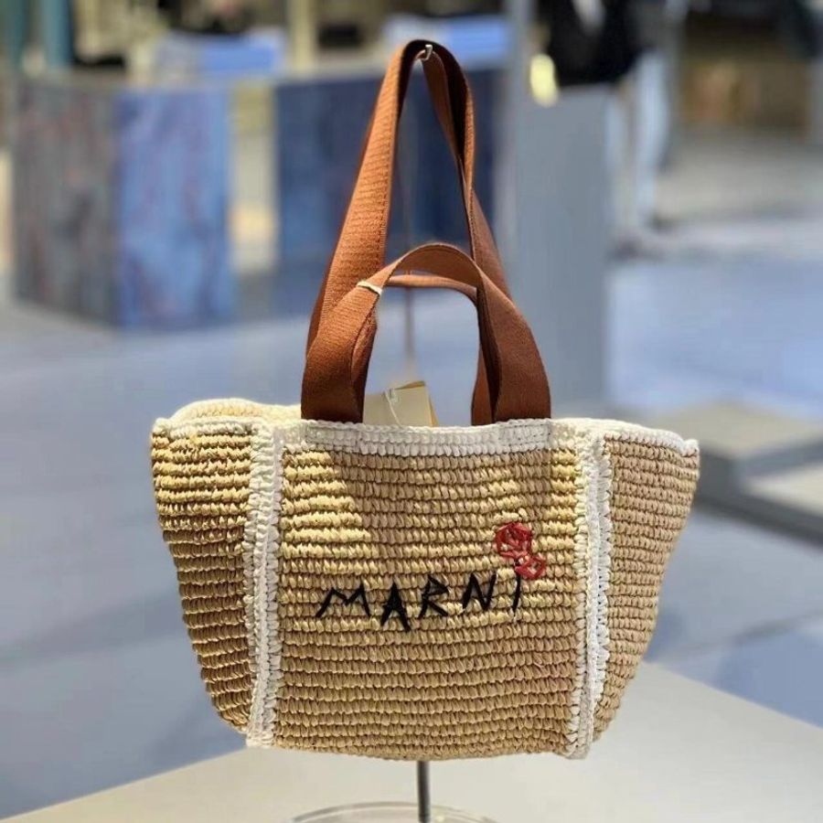 Marni 小款花邊 Sillo 仿草編編織購物包 自然色《2024季度★全新商品 》-5