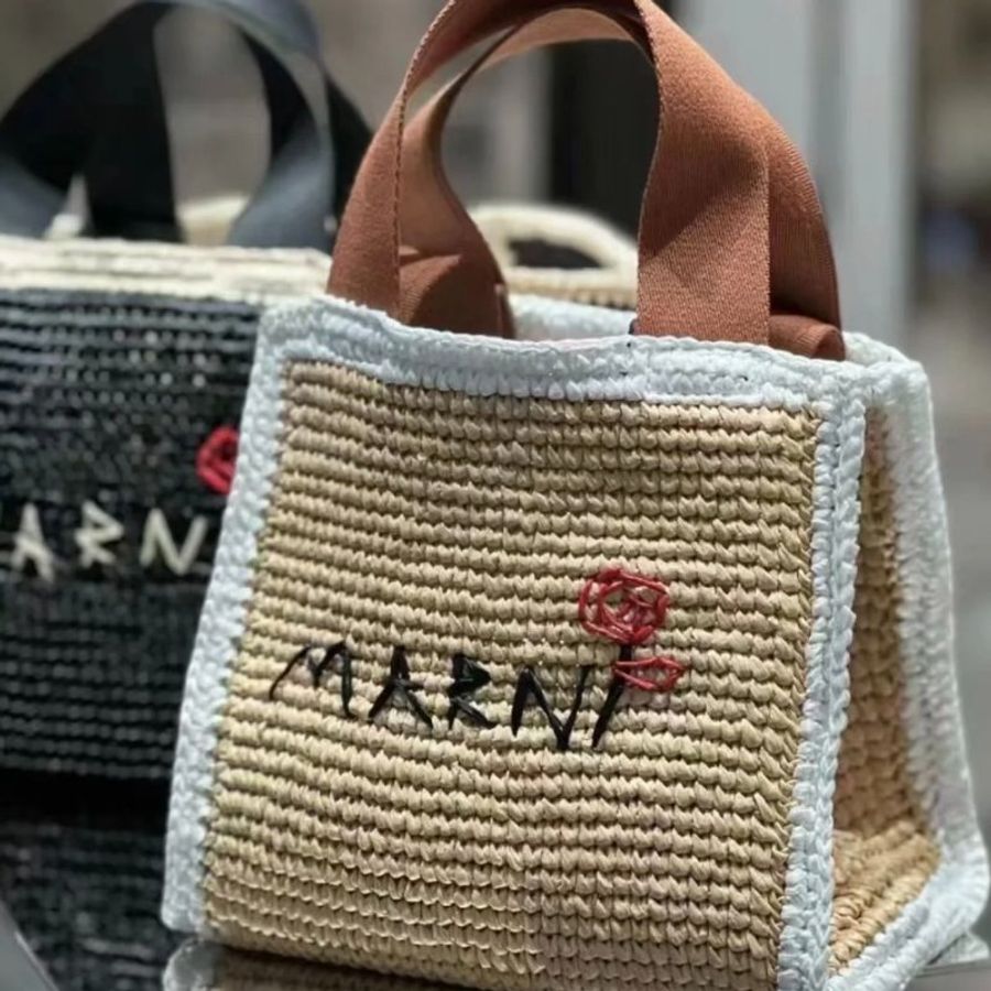 Marni 小款花邊 Sillo 仿草編編織購物包 自然色《2024季度★全新商品 》-6