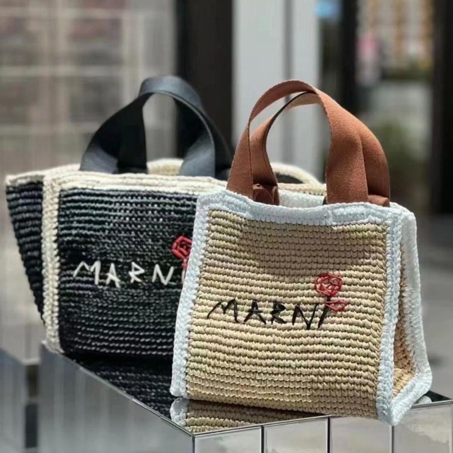 Marni 小款花邊 Sillo 仿草編編織購物包 自然色《2024季度★全新商品 》-7