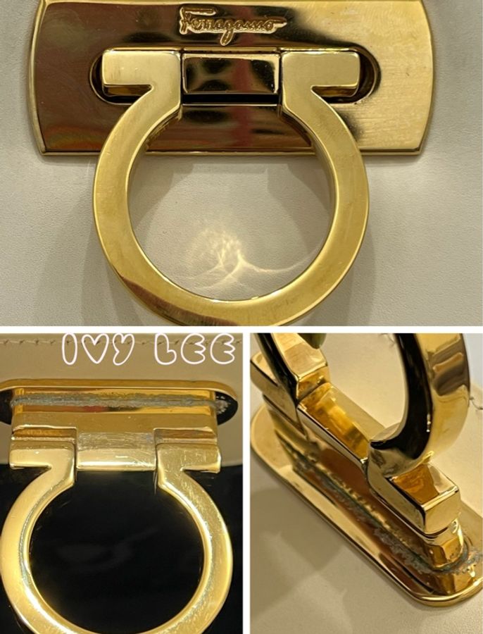 Salvatore Ferragamo 菲拉格慕 P21 5241Gancini皮革金鏈條包單肩包斜背包 米白色二手精品-11