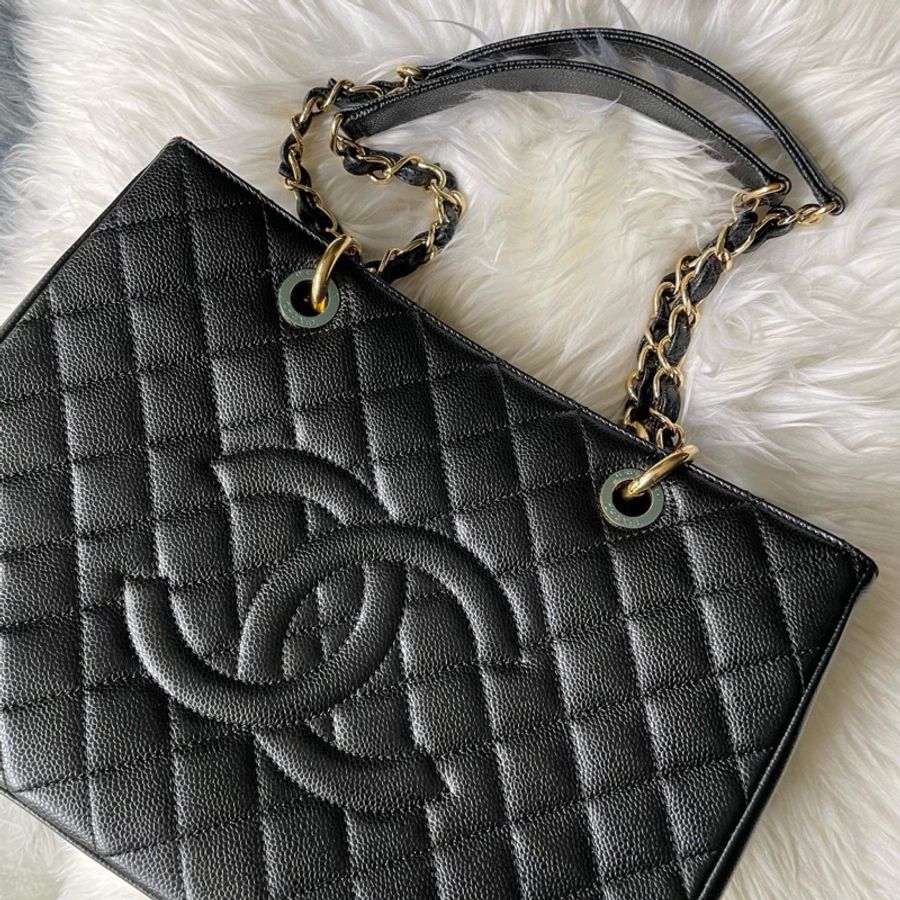 Chanel Gst 黑色荔枝金釦 近新19開-1