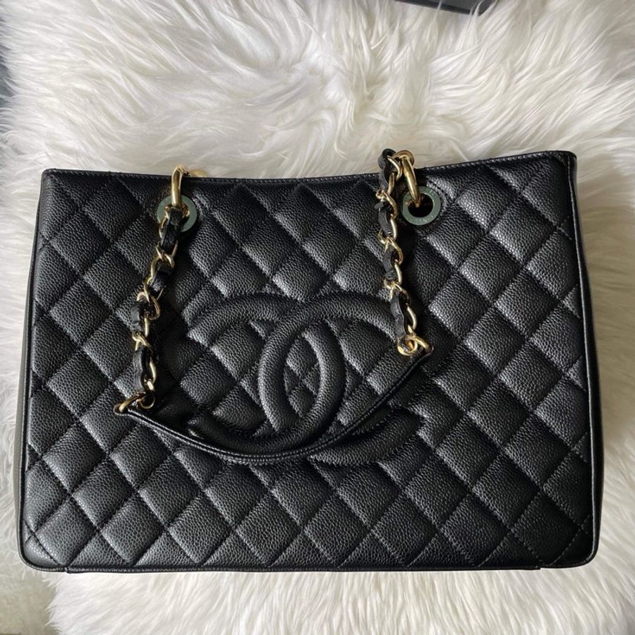 Chanel Gst 黑色荔枝金釦 近新19開-5