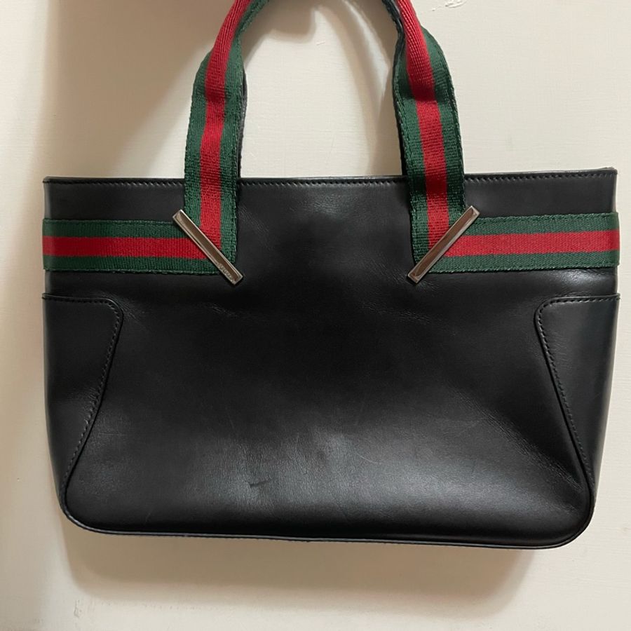 GUCCI 古馳 手提包 綠紅綠織帶 皮革 二手-13