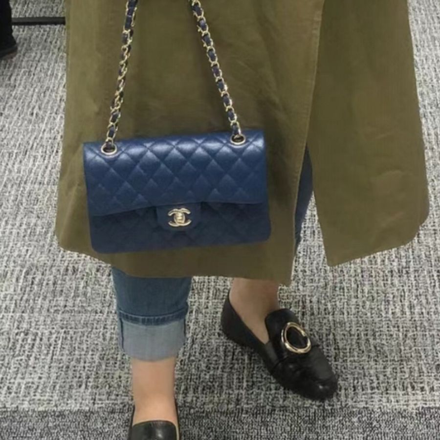 Chanel CF23 Caviar午夜藍荔枝牛魚子醬牛淡金雙C coco-8