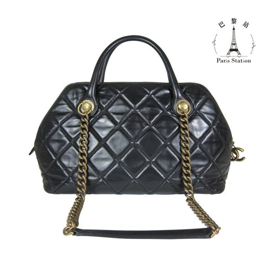 【巴黎站二手名牌專賣店】*現貨*CHANEL香奈兒真品*黑色油蠟皮復古金鍊保齡球包 手提肩背包-2