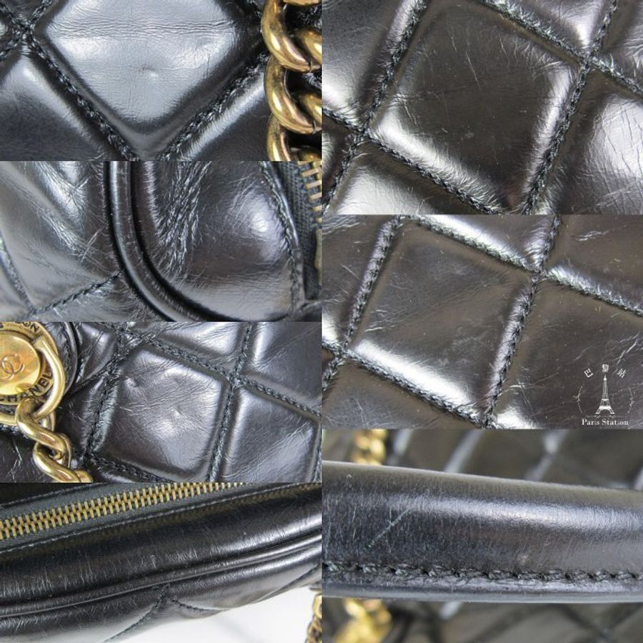 【巴黎站二手名牌專賣店】*現貨*CHANEL香奈兒真品*黑色油蠟皮復古金鍊保齡球包 手提肩背包-8