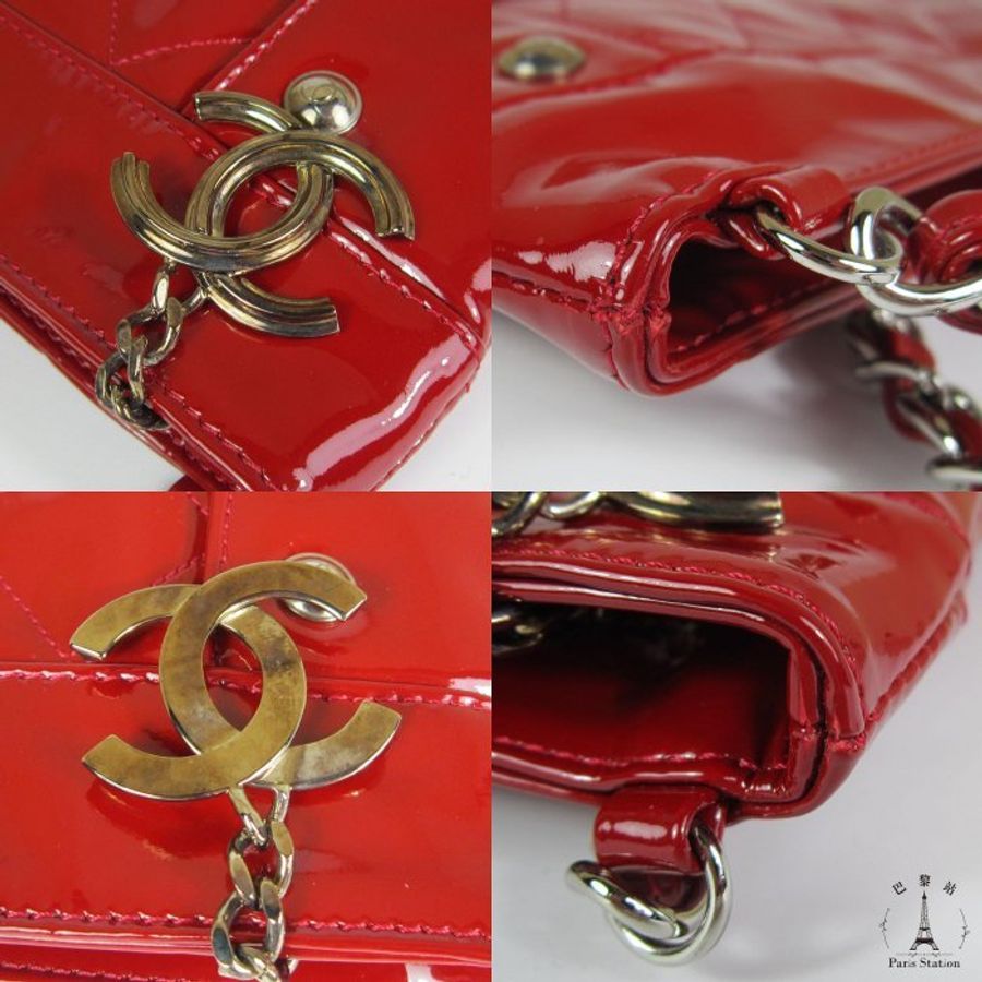 【巴黎站二手名牌專賣店】*現貨*CHANEL 香奈兒 真品*紅色漆皮橫式銀鍊單肩鍊包 手提包-5