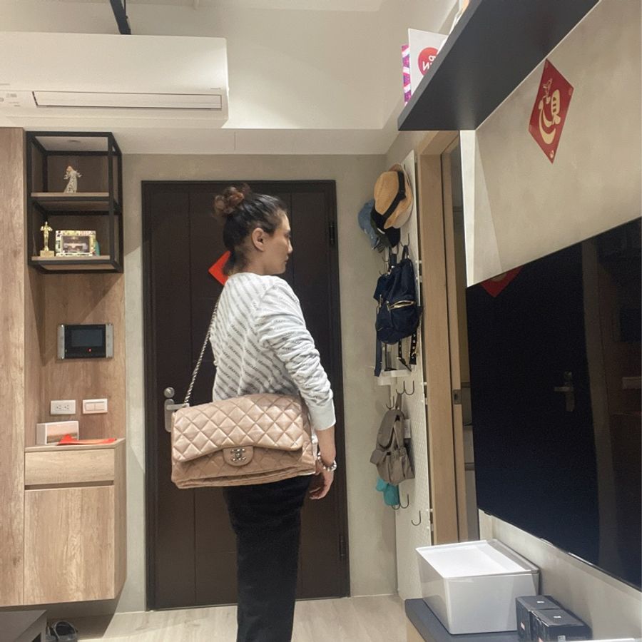 降價 Chanel CF奶茶色羊皮三層銀扣風琴包-14