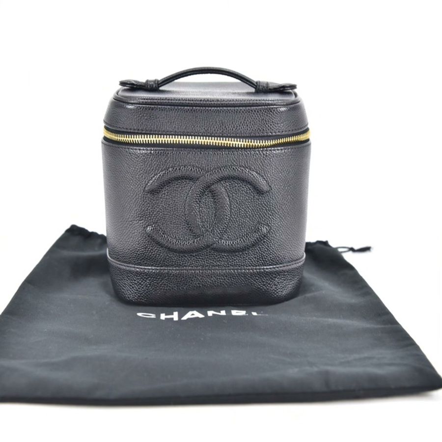CHANEL香奈兒中古黑色牛皮化妝包化妝盒手提包-0