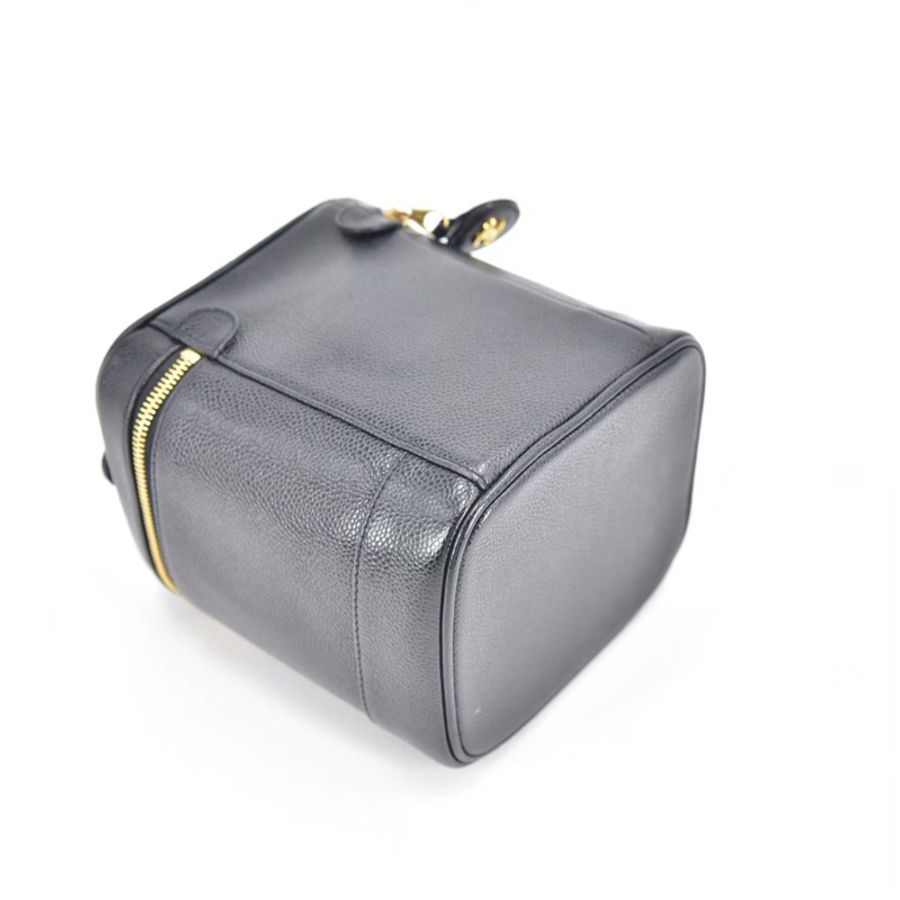 CHANEL香奈兒中古黑色牛皮化妝包化妝盒手提包-4