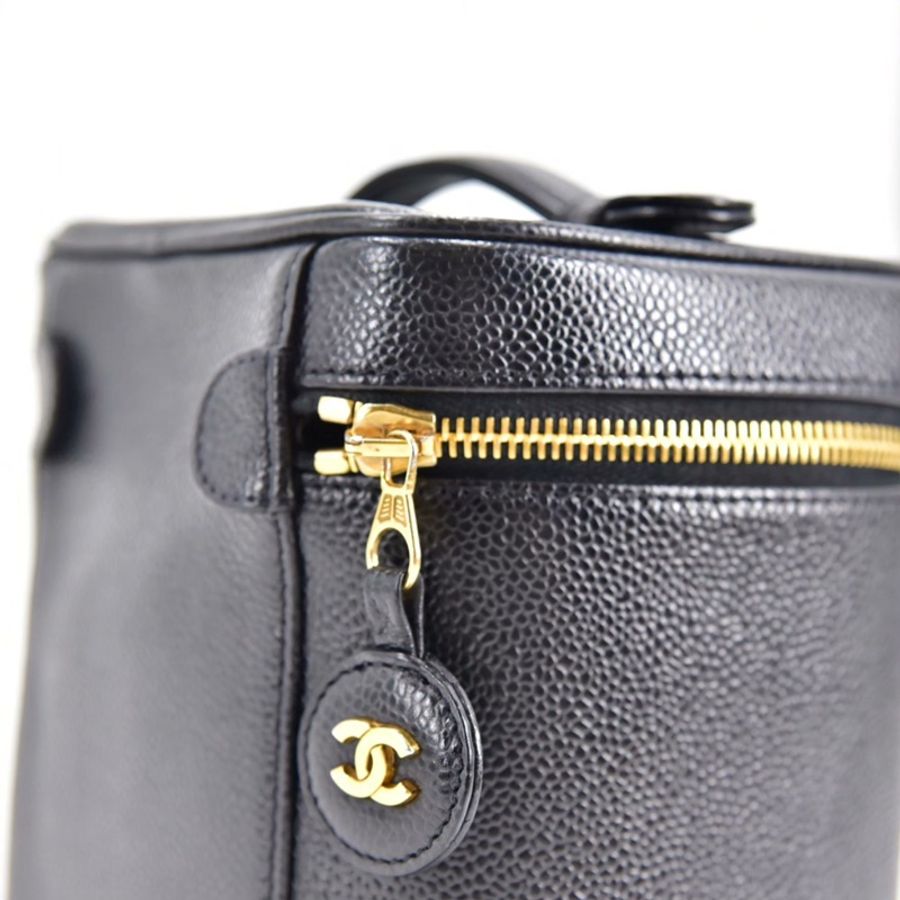 CHANEL香奈兒中古黑色牛皮化妝包化妝盒手提包-8