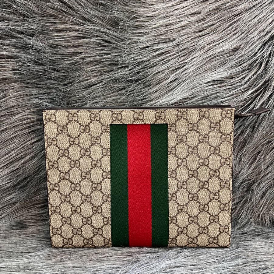 Gucci 475316 咖啡色 老花 GRG GG 帆布 金釦 手拿包 收租包 腋下包-0