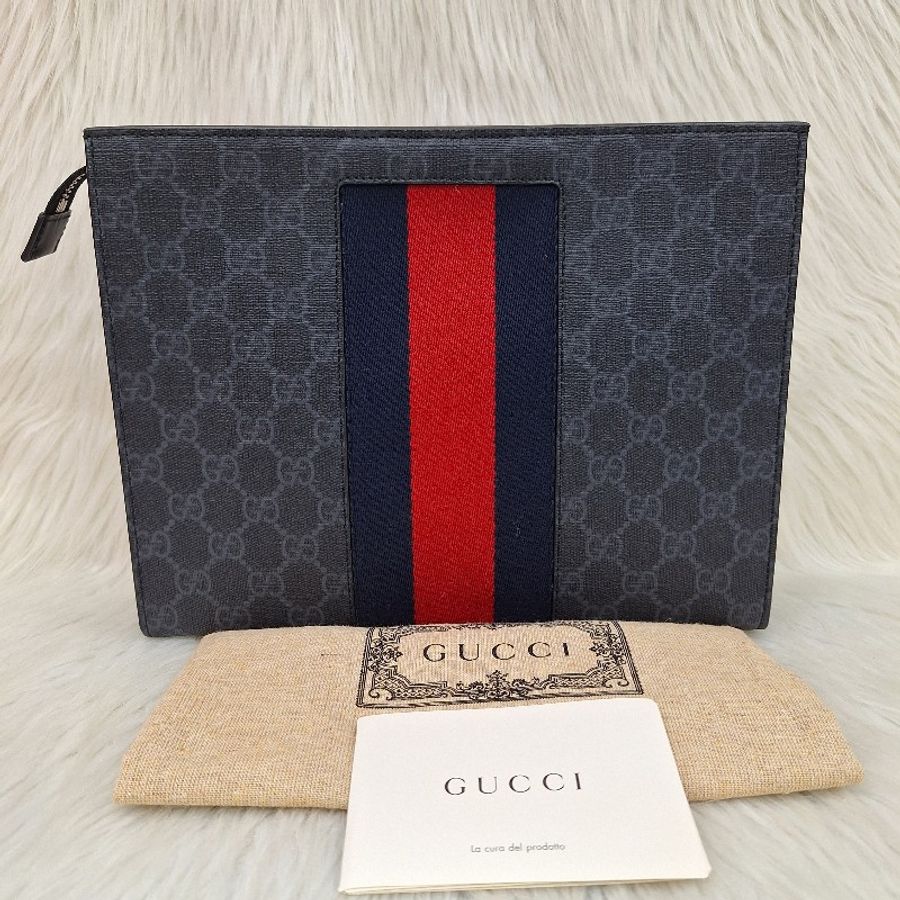 GUCCI Supreme黑帆布印花
雙色織帶萬用手拿包-0