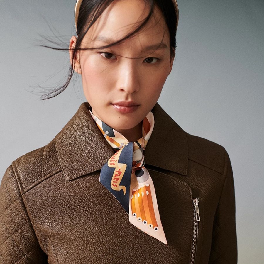 全新全配 一對 2024 愛馬仕 Hermes Parade en Fanfare Twilly 盛大遊行 絲巾 兩條一組 大象灰-3