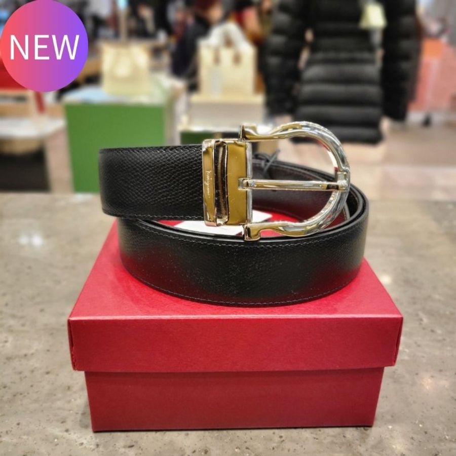 【促銷品】 Ferragamo 675140 男款雙面可調式 Gancini 壓紋小牛皮腰帶 3.5公分寬 黑色/啡色 95/100/105/110/115 公分《2024季度★全新商品 》-0