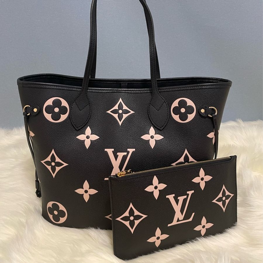 LV Neverfull MM 黑色/米色 壓花牛皮-1