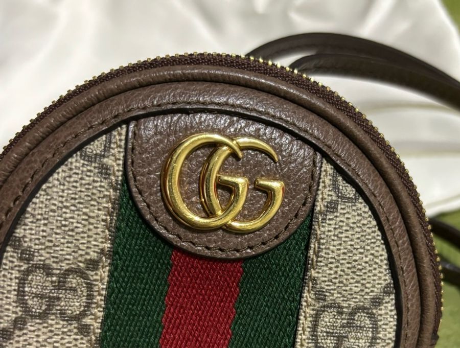 GUCCI Ophidia GG 經典印花拼接織帶頸掛式拉鍊零錢包-1