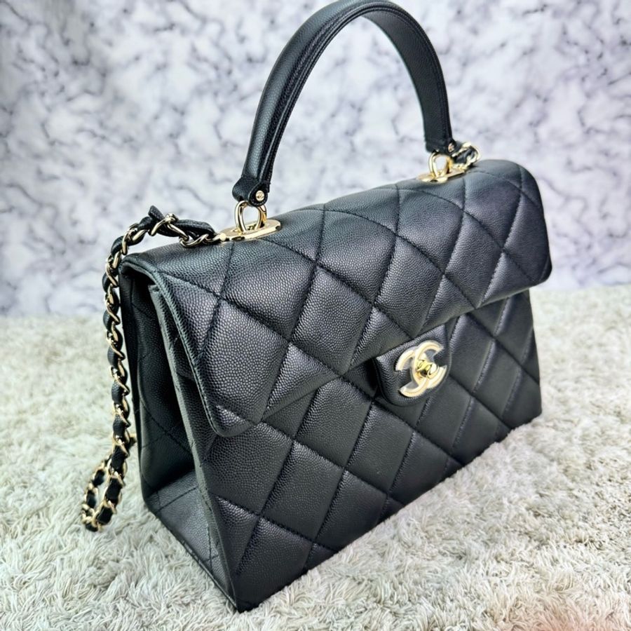 香奈兒 Chanel 24P春夏小球紋 手柄Kelly盒子 手提包 肩背包 斜背包黑色金釦-10